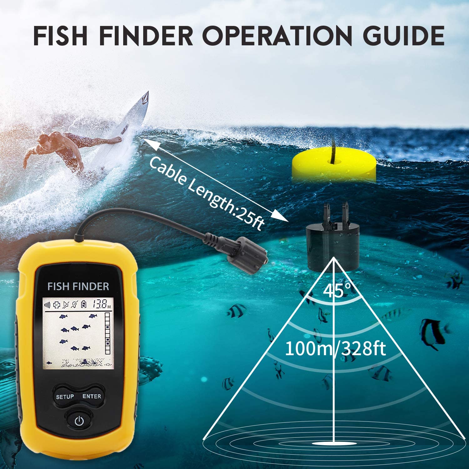 Alarm 100M Portable Sonar Fish - Fish Finder Transducer 200Khz ulasan dan harga